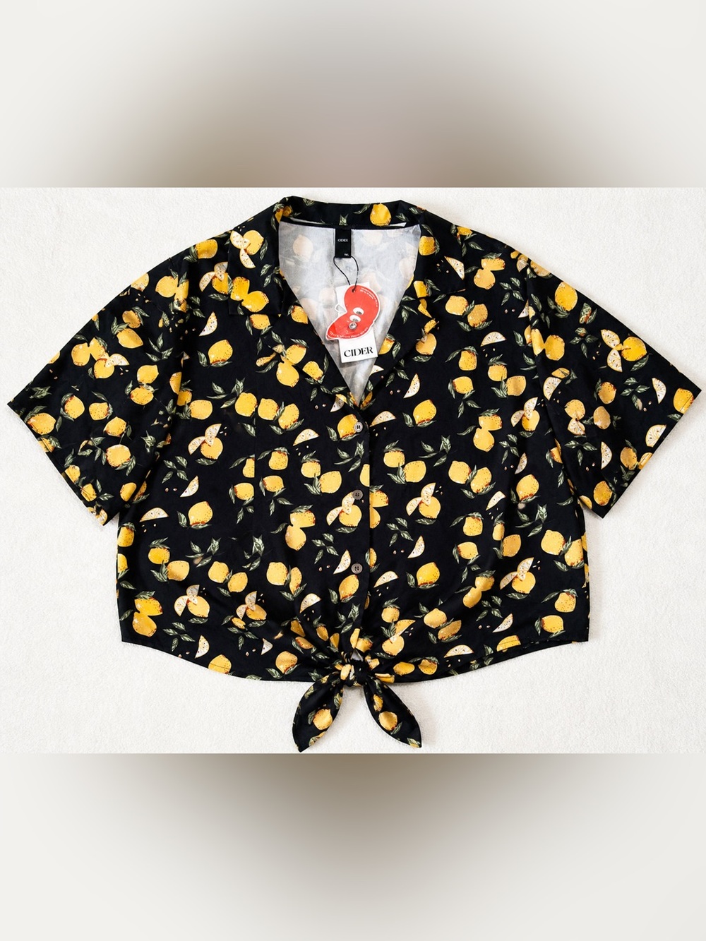 Cider Lemon-Print Tie-Front Button Shirt NWT Size 1XL